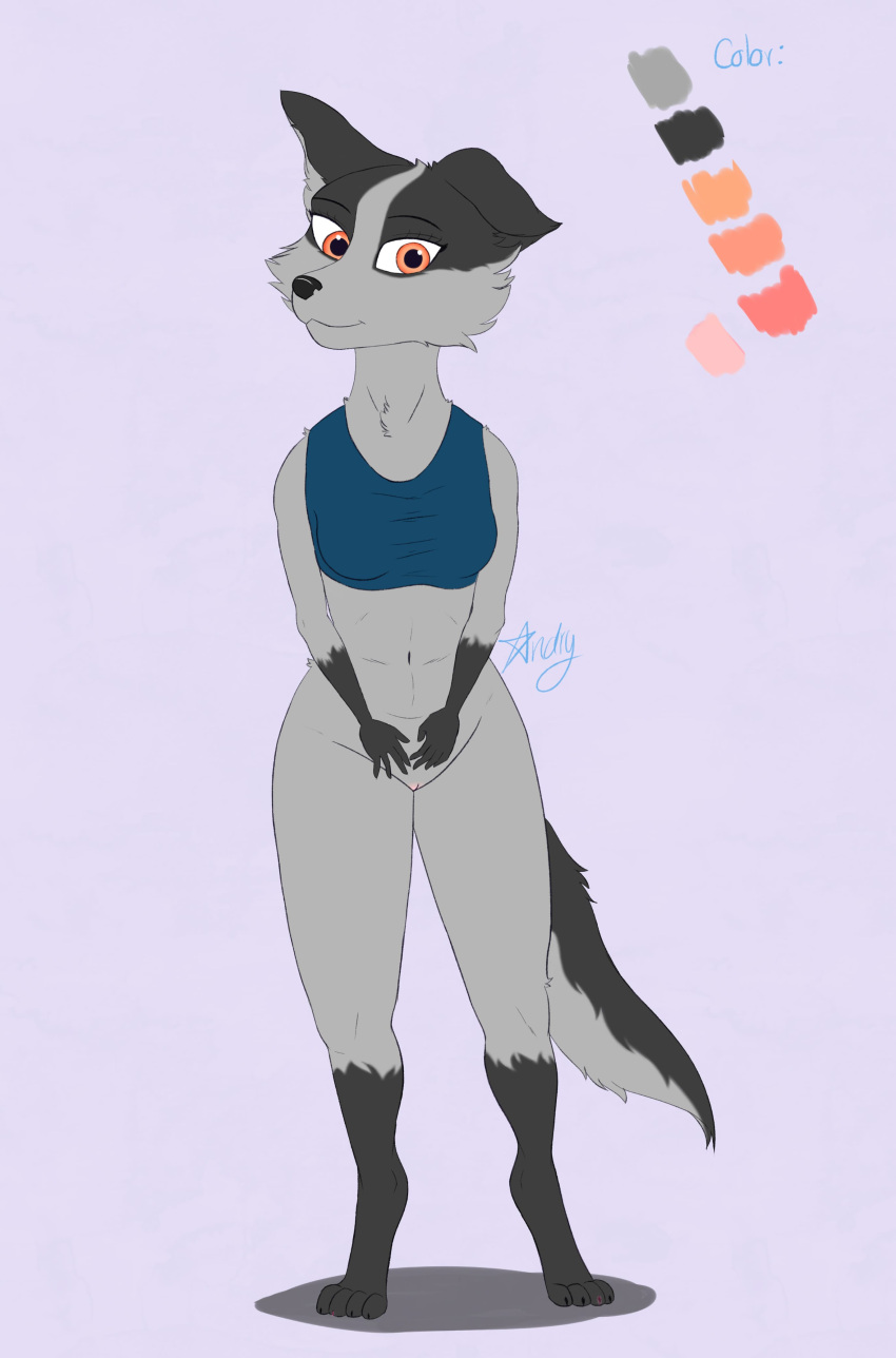1:1 2024 5_fingers absurd_res andry_silverfang anthro artist_name ashley_(hakya11) black_body black_fur black_nose blue_clothing blue_topwear bottomless breasts canid canine canis character_name clothed clothing color_swatch colored digital_drawing_(artwork) digital_media_(artwork) feet female fingers full-length_portrait fur genitals grey_body grey_fur hi_res highlights_(coloring) mammal model_sheet multicolored_body multicolored_fur navel orange_eyes partially_clothed partially_clothed_female portrait pussy shirt signature simple_background smile solo standing tail toes topwear topwear_only traditional_media_(artwork) two_tone_body two_tone_fur watermark wolf