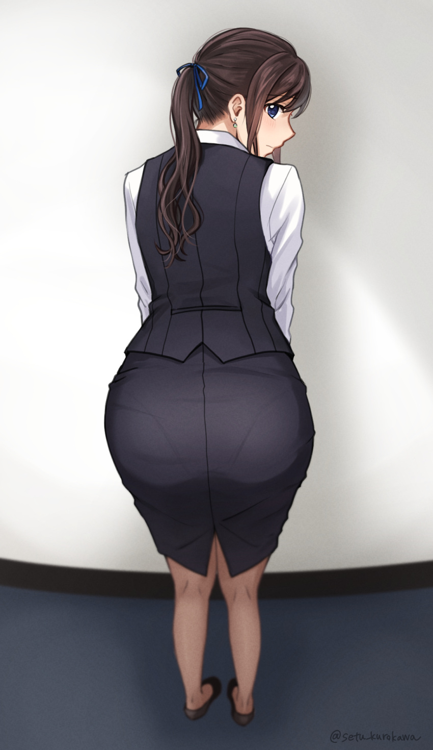 1girl ass collared_shirt commission earrings from_behind hair_ribbon highres jewelry office_lady original pantyhose pencil_skirt pixiv_commission ponytail ribbon setu_kurokawa shirt skirt solo vest white_shirt