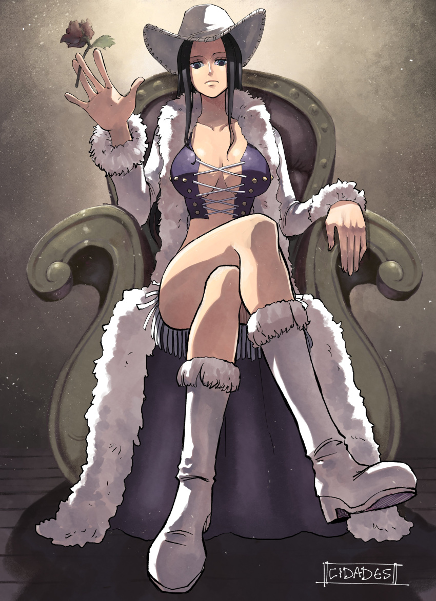 1girl absurdres boots breasts cidades closed_mouth coat commission cowboy_hat cross-laced_clothes cross-laced_top crossed_legs english_commentary flower full_body hat highres holding holding_flower long_coat looking_at_viewer looking_down nico_robin one_piece rose sidelocks sitting solo watermark white_coat white_headwear