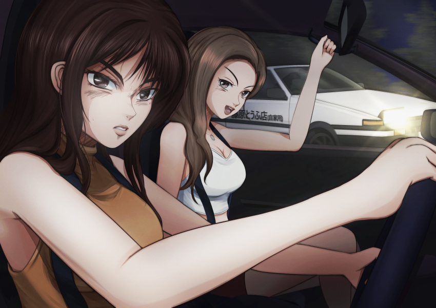 2girls absurdres brown_eyes brown_hair camisole drifting frown fujiwara_takumi's_toyota_trueno_ae86 glowing guchagucha hair_behind_ear highres holding initial_d jewelry long_hair looking_at_viewer multiple_girls necklace open_mouth orange_shirt parted_lips pink_lips satou_mako sayuki_(initial_d) shirt sitting sleeveless sleeveless_shirt smile toyota toyota_sprinter_trueno v-shaped_eyebrows vehicle_interior white_camisole