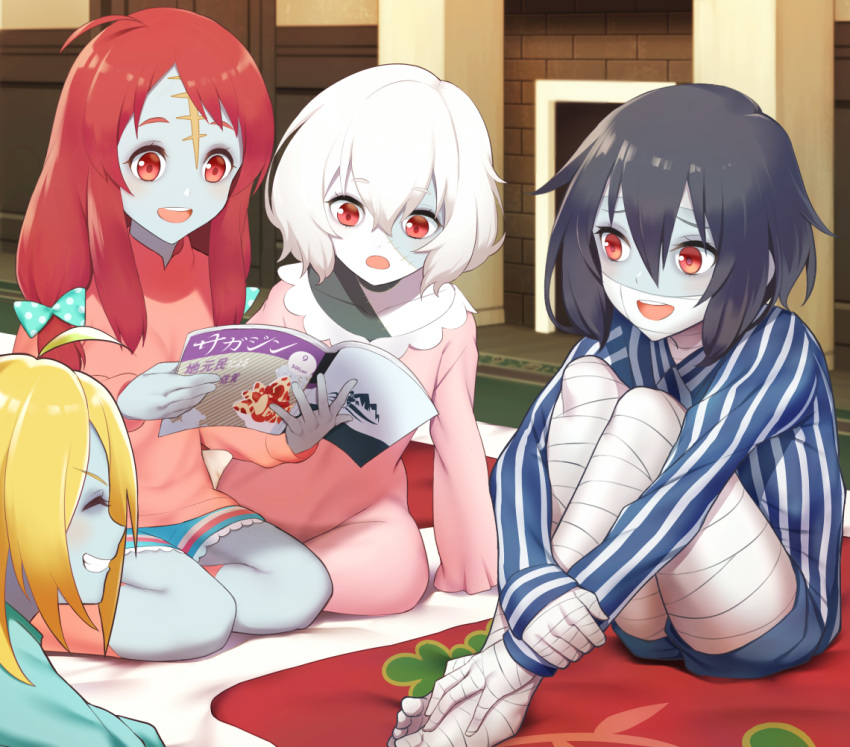 4girls ahoge bandage black_hair blonde_hair blue_skin bow closed_mouth eyes_closed fireplace forehead_scar futon hair_between_eyes konno_junko long_hair long_sleeves magazine minamoto_sakura mizuno_ai multiple_girls nikaidou_saki open_mouth pink_nightgown polka_dot polka_dot_bow reading red_eyes red_hair scar short_hair shorts sitting smile stitches tsuchifumazu white_hair zombie zombie_land_saga