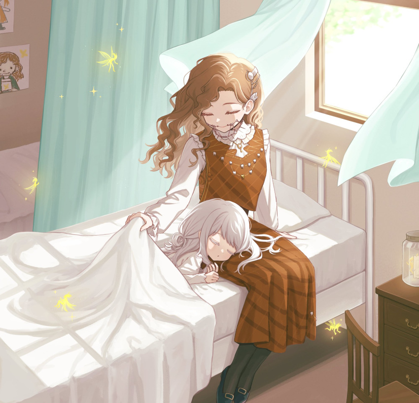 2girls aged_down arm_support bed black_footwear black_pantyhose blanket braces brown_hair chair closed_eyes closed_mouth curly_hair curtains day dress full_body grey_hair hair_bun highres holding holding_blanket jar jewelry lap_pillow long_dress long_hair long_sleeves multiple_girls necklace on_bed painting_(object) panri pantyhose pillow red_dress reverse:1999 shirt single_side_bun sitting sleeping sleeveless sleeveless_dress tooth_fairy_(reverse:1999) tooth_necklace vertin_(reverse:1999) white_dress white_shirt wind window