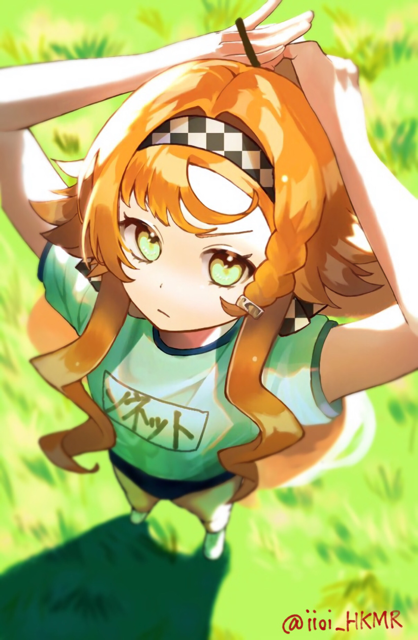 1girl :/ arms_behind_head arms_up black_buruma buruma checkered_hairband commentary_request full_body grass green_eyes gym_shirt gym_uniform hands_up highres hikimori_hikiko long_hair looking_at_viewer looking_up name_tag orange_hair reverse:1999 rubber_band shadow shirt short_sleeves solo sonetto_(reverse:1999) standing twitter_username tying_hair v-shaped_eyebrows white_footwear