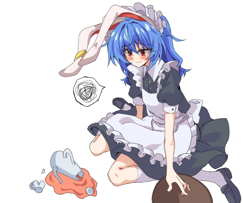 1girl apron black_dress black_footwear blue_hair blush closed_mouth commentary_request cup dress earclip full_body maid medium_hair mifutatsu red_eyes seiran_(touhou) short_sleeves simple_background socks solo spoken_squiggle squatting squiggle teacup teapot touhou white_apron white_background white_socks