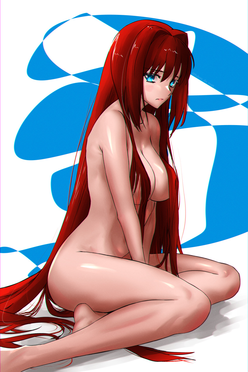 1girl absurdres aozaki_aoko between_legs blue_background blue_eyes breasts closed_mouth completely_nude english_commentary fukou hair_between_eyes hair_intakes hair_over_breasts hand_between_legs highres large_breasts long_hair looking_at_viewer mahou_tsukai_no_yoru nude red_hair simple_background sitting solo tsukihime two-tone_background white_background yokozuwari