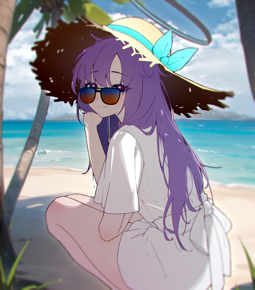 1girl absurdres alicelovefv beach black_halo blue_archive cloud cloudy_sky glasses halo hat highres looking_at_viewer mechanical_halo ocean palm_tree purple_eyes purple_hair robe shirt sky solo squatting sun_hat sunglasses tree white_robe white_shirt yuuka_(blue_archive)