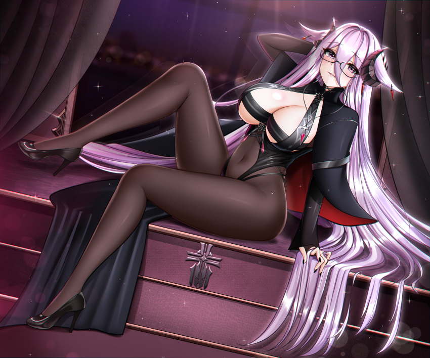 1girl absurdres azur_lane black_footwear black_horns black_nails breasts brown_curtains brown_pantyhose cleavage clothing_cutout commentary covered_navel curled_horns curtains forward_facing_horns friedrich_carl_(azur_lane) full_body gem hand_in_own_hair high-waist_pantyhose high_heels highres horns huge_breasts indoors iron_blood_(emblem) itacho_(itasha_draws) long_hair long_sleeves looking_at_viewer nail_polish navel pantyhose purple_eyes purple_gemstone purple_hair rectangular_eyewear semi-rimless_eyewear shoes sitting solo stomach_cutout very_long_hair