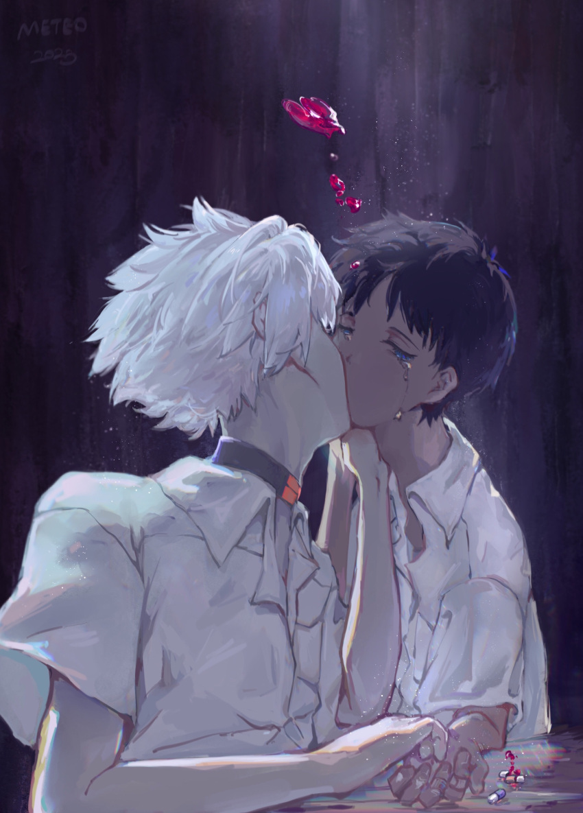 2boys absurdres ac_possible closed_eyes collar crying evangelion:_3.0_you_can_(not)_redo highres holding_hands ikari_shinji kiss multiple_boys nagisa_kaworu neon_genesis_evangelion rebuild_of_evangelion sad school_uniform shirt tokyo-3_middle_school_uniform white_hair white_shirt yaoi