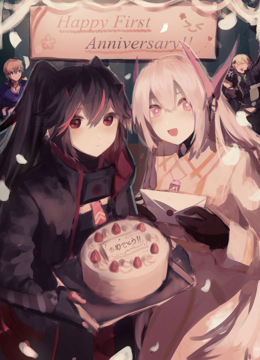 2girls 3boys absurdres anniversary black_gloves black_hair black_hood black_hoodie black_horns black_jacket blonde_hair blue_hoodie cake camu_(punishing:_gray_raven) character_request check_character closed_eyes dog_tags dress food gloves gold_trim gown grey_hair hair_between_eyes headphones highres holding holding_letter hood hoodie horns jacket jewelry kamui_(punishing:_gray_raven) lee:_entropy_(punishing:_gray_raven) lee_(punishing:_gray_raven) letter light_brown_hair liv:_eclipse_(punishing:_gray_raven) liv_(punishing:_gray_raven) long_hair lucia:_plume_(punishing:_gray_raven) lucia_(punishing:_gray_raven) mechanical_arms multicolored_hair multiple_boys multiple_girls necktie open_mouth pendant pink_dress pink_eyes punishing:_gray_raven red_eyes red_hair red_jacket red_necktie sidelocks single_horn siniwabi small_horns strawberry_cake streaked_hair twintails two-sided_fabric two-sided_hoodie two-sided_jacket