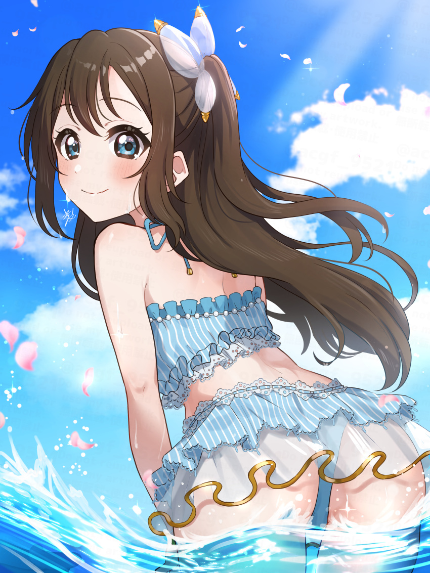 1girl absurdres ass bikini birthday blue_eyes blue_sky blush brown_hair cloud cloudy_sky commentary from_behind half_updo highres kyaku_tatsu light_smile long_hair looking_at_viewer love_live! love_live!_nijigasaki_high_school_idol_club osaka_shizuku petals signature sky sparkle swimsuit upper_body water