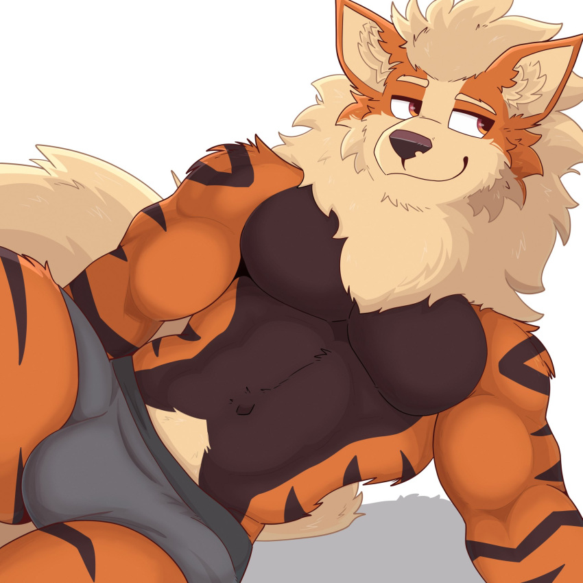 anthro arcanine bezzeroo biceps brown_body brown_fur bulge clothed clothing fur generation_1_pokemon hair hi_res male multicolored_body multicolored_fur muscular muscular_anthro muscular_male nintendo orange_body orange_eyes orange_fur pecs pokemon pokemon_(species) pose pubes simple_background smile solo tail underwear underwear_only white_background white_body white_fur