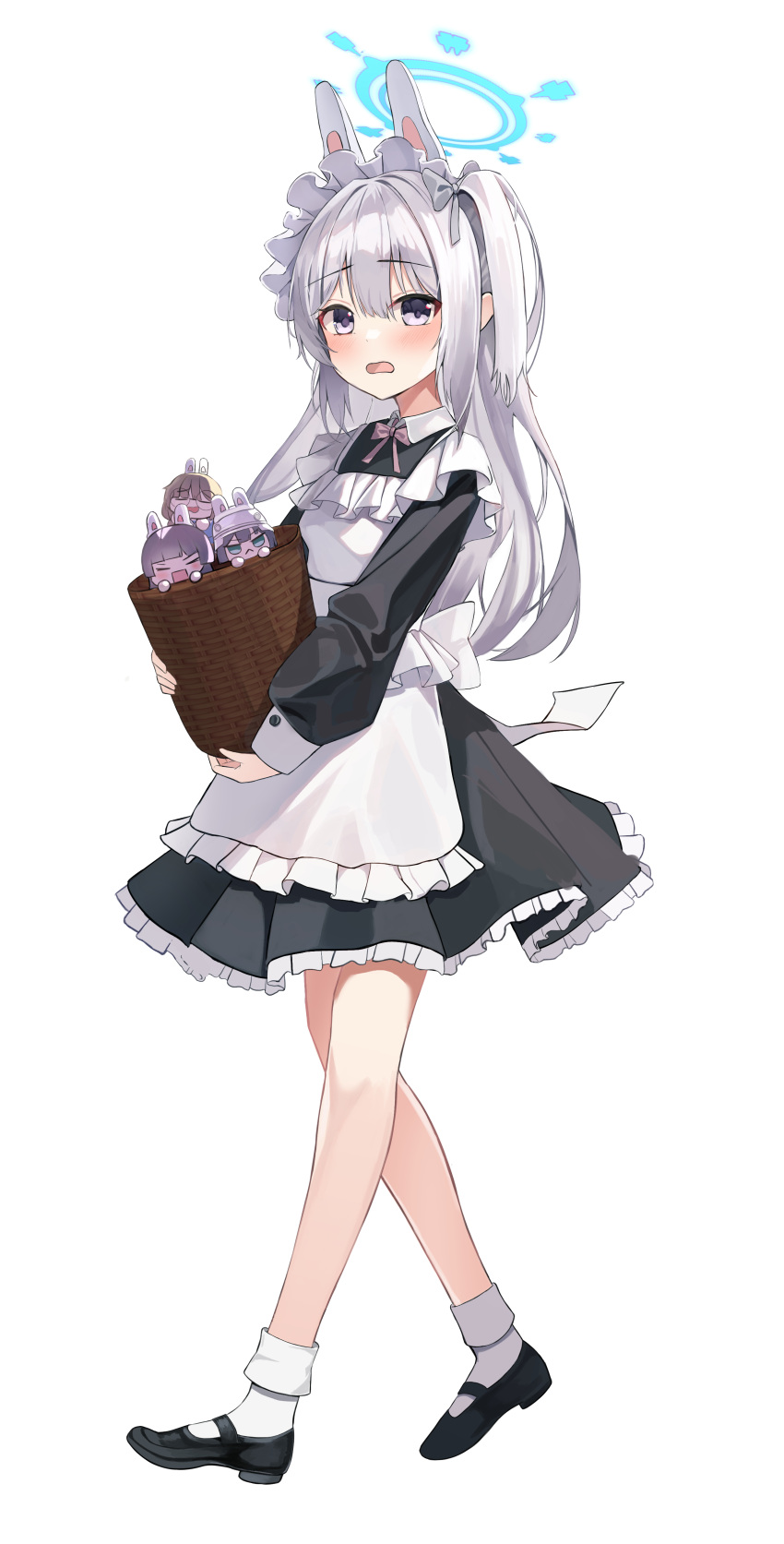 4girls absurdres alternate_costume animal_ears apron basket black_dress black_footwear blue_archive blue_halo blush dress enmaided fake_animal_ears frilled_apron frilled_dress frills full_body grey_hair halo highres holding holding_basket leepy long_hair long_sleeves looking_at_viewer maid maid_apron maid_headdress mini_person minigirl miyako_(blue_archive) miyu_(blue_archive) moe_(blue_archive) multiple_girls one_side_up open_mouth purple_eyes rabbit_ears rabbit_platoon_(blue_archive) saki_(blue_archive) shoes simple_background socks white_apron white_background white_socks