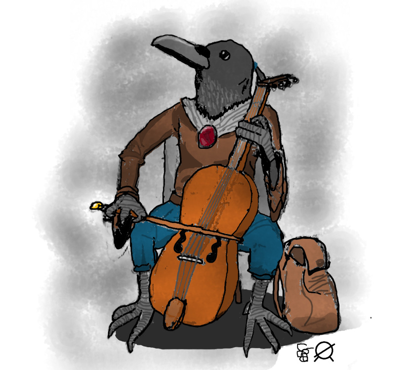 ambiguous_gender anthro avian barefoot beak blue_bottomwear blue_clothing blue_pants bottomwear bowed_string_instrument brown_clothing brown_shirt brown_topwear cape cello clothing digital_media_(artwork) dungeons_and_dragons feathers feet grey_cape grey_clothing hasbro jaki_sila kenku knapsack musical_instrument pants playing_cello playing_music shadow shirt signature simple_background solo string_instrument symbol topwear wizards_of_the_coast