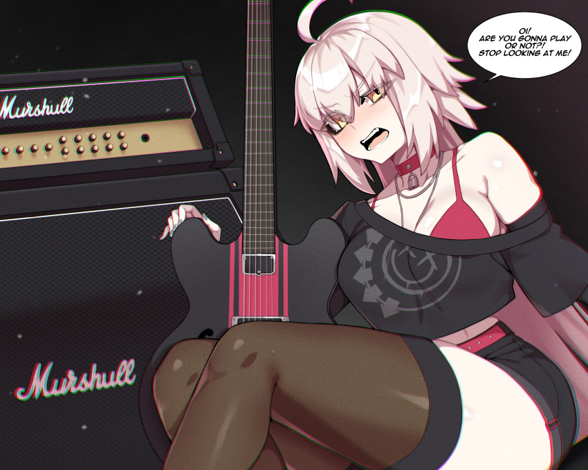 1girl ahoge bare_shoulders black_shirt black_shorts breasts choker cleavage english_text fate/grand_order fate_(series) grey_hair guitar highres hyperbudd instrument jeanne_d'arc_alter_(avenger)_(fate) jeanne_d'arc_alter_(fate) jewelry large_breasts long_hair looking_at_viewer necklace off_shoulder open_mouth shirt shorts speech_bubble thighhighs yellow_eyes