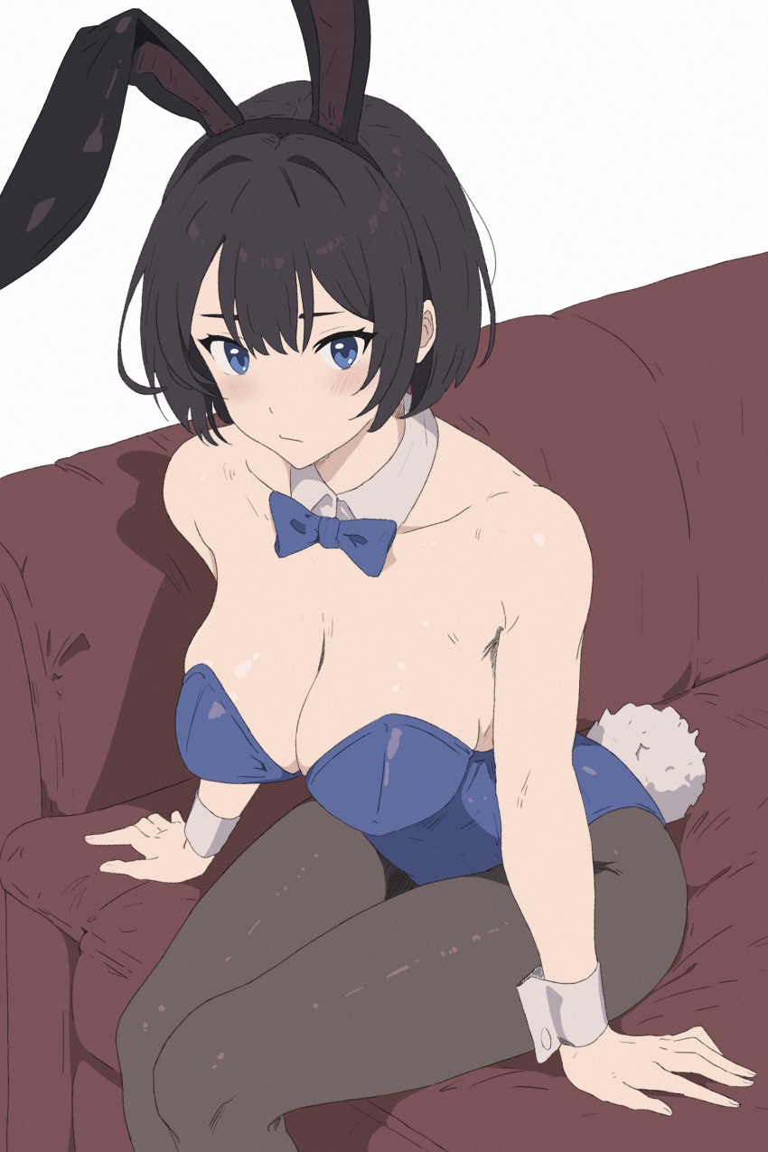 1girl absurdres animal_ears artist_request bare_shoulders black_hair blue_eyes blue_leotard blush breasts cleavage closed_mouth collarbone commentary detached_collar fake_tail highres large_breasts leotard looking_at_viewer original pantyhose playboy_bunny rabbit_ears rabbit_tail shiny_clothes shiny_skin short_hair simple_background sitting solo strapless strapless_leotard tail wrist_cuffs