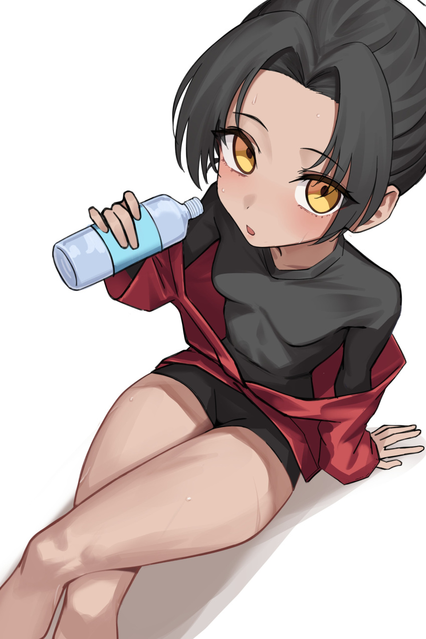 1girl absurdres aoi_riko black_hair black_shirt black_shorts blue_archive blush bottle breasts dark-skinned_female dark_skin feet_out_of_frame highres holding holding_bottle japanese_clothes long_hair looking_at_viewer open_mouth ponytail rickshaw_student_(blue_archive) shirt shorts simple_background sitting small_breasts solo sweat undershirt water_bottle white_background yellow_eyes