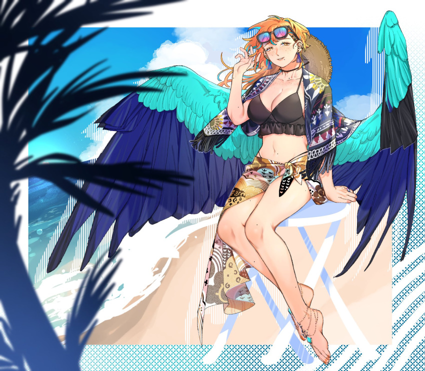 1girl anklet barefoot beach bikini bird_girl bird_wings black_bikini blue-tinted_eyewear blue_background blue_hair blue_sky blue_wings cloud commentary_request ear_piercing earrings eyewear_on_head feathered_wings freckles full_body grin hand_in_own_hair hand_up hat hat_on_back highres jewelry long_hair looking_at_viewer mole mole_on_body mole_under_mouth multicolored_hair ocean orange_hair original outdoors piercing pink-tinted_eyewear rramarukun shore sitting skirt sky smile solo streaked_hair sun_hat sunglasses swimsuit table tinted_eyewear water wings yellow_eyes yellow_skirt