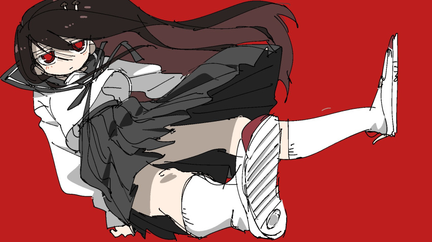 1girl black_ribbon black_sailor_collar black_skirt blush closed_eyes expressionless full_body highres jitome long_hair long_sleeves mushroom_on_head neck_ribbon original pleated_skirt red_background red_eyes ribbon sailor_collar school_uniform serafuku shirt shoes simple_background skirt socks solo tsukumizu_yuu very_long_hair white_footwear white_shirt white_socks