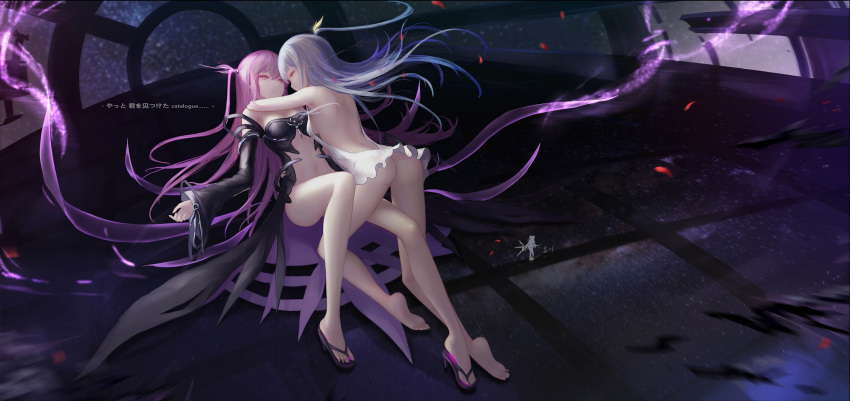 ass backless_dress backless_outfit bare_shoulders barefoot black_dress breasts cleavage dress highres hug lavender_hair long_hair looking_at_another medium_breasts multiple_girls navel no_panties one_side_up original purple_eyes purple_hair sandals wangchuan_de_quanyan white_dress
