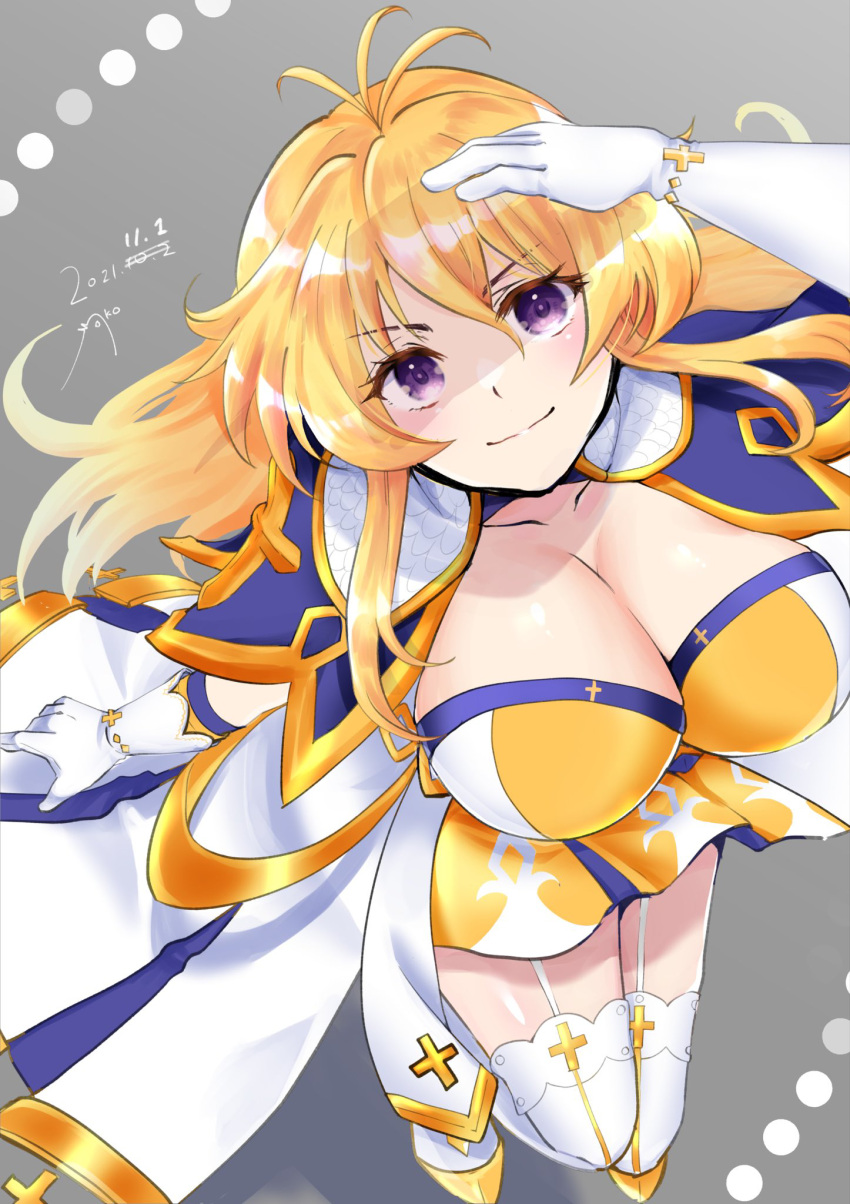 1girl blonde_hair blue_capelet blush breasts capelet cleavage closed_mouth commentary_request cross dated dress from_above full_body garter_straps gloves gold_trim grey_background hair_between_eyes highres jumping large_breasts long_hair looking_at_viewer medium_bangs moko_(gumaguma_m) purple_eyes ragnarok_masters ragnarok_online saint_(ragnarok_masters) shaded_face shoes short_dress smile solo thighhighs white_dress white_gloves white_thighhighs yellow_footwear