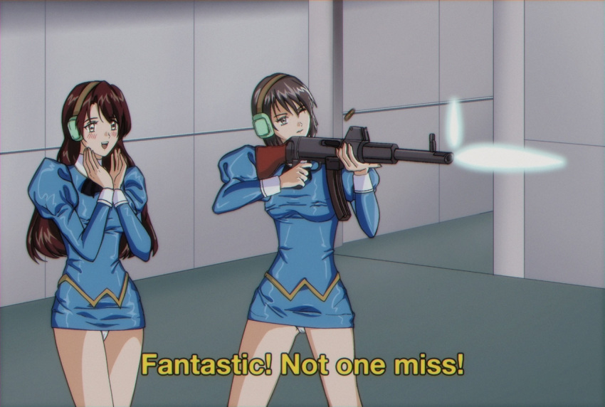 2girls agent_aika aika_(series) aiming arms_up assault_rifle black_hair blue_delmo_b blue_delmo_s blue_dress blue_jacket blush brown_eyes brown_hair bullet clapping delmogeny_uniform dress fake_screenshot firing gun headset holding indoors jacket long_sleeves multiple_girls panties pantyshot rifle skirt standing subtitled underwear user_zxdr5455 weapon white_panties