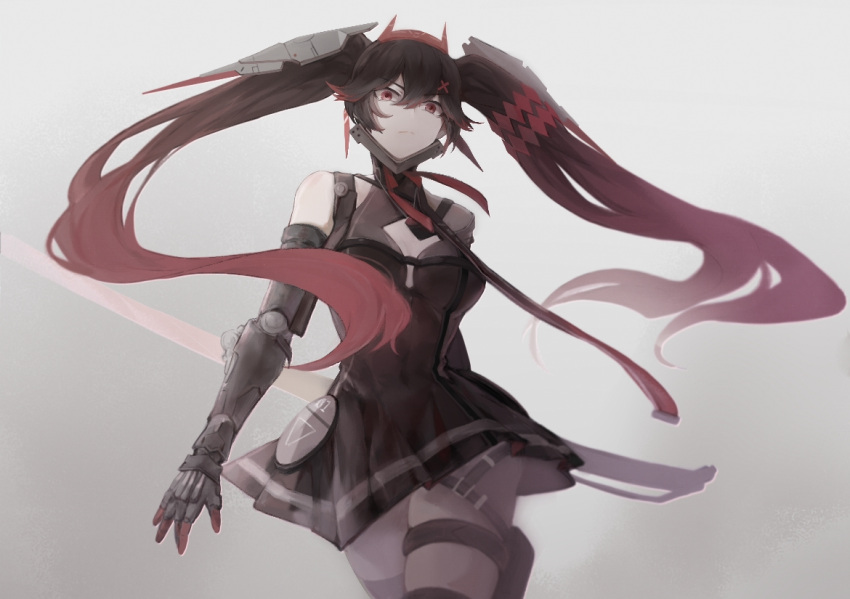 1girl black_dress black_hair cleavage_cutout clothing_cutout dog_tags dress fake_horns gradient_hair hair_between_eyes hair_ornament horns long_hair lucia:_lotus_(punishing:_gray_raven) lucia_(punishing:_gray_raven) mechanical_arms multicolored_hair parted_bangs punishing:_gray_raven red_eyes red_hair red_horns short_dress sidelocks solo tkhalloween twintails x_hair_ornament