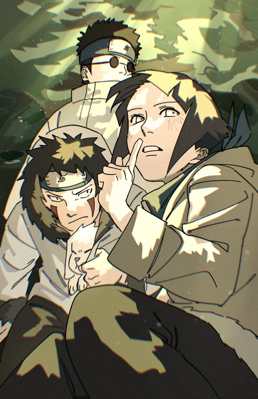 1girl 2boys aburame_shino akamaru_(naruto) black_hair black_pants byakugan clenched_teeth dog feet_out_of_frame forehead_protector headband highres hood hoodie hyuuga_hinata inuzuka_kiba jacket konohagakure_symbol multiple_boys naruto naruto_(series) outdoors pants pnpk_1013 round_eyewear short_hair teeth white_eyes