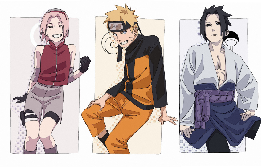 1girl 2boys ^_^ absurdres bare_shoulders black_eyes black_gloves black_hair blonde_hair blue_eyes closed_eyes expressionless facial_mark feet_out_of_frame forehead forehead_protector gloves grin haruno_sakura headband highres light_blush looking_at_viewer multiple_boys naruto_(series) naruto_shippuuden pectorals pink_hair pnpk_1013 smile team7 uchiha_sasuke uchiha_symbol uzumaki_naruto uzumaki_symbol whisker_markings white_background