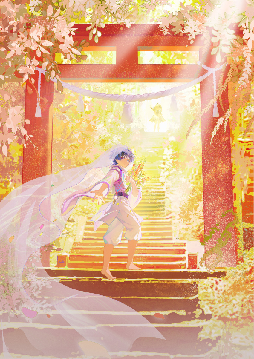 1boy 1girl absurdres barefoot blunt_ends chinese_commentary commentary_request day eyeshadow flower from_behind genshin_impact hakama hakama_shorts highres holding holding_flower jacket japanese_clothes jewelry leaf light_rays long_sleeves looking_at_viewer looking_back makeup male_focus nahida_(genshin_impact) outdoors outstretched_arm outstretched_hand pendant pink_vest purple_eyes purple_hair reaching reaching_towards_viewer red_eyeshadow rope san_wu_mao_liang scaramouche_(genshin_impact) scaramouche_(kabukimono)_(genshin_impact) scenery serious shimenawa short_hair shorts solo_focus stairs sunlight tassel torii veil vest walking white_jacket white_shorts wide_shot wide_sleeves
