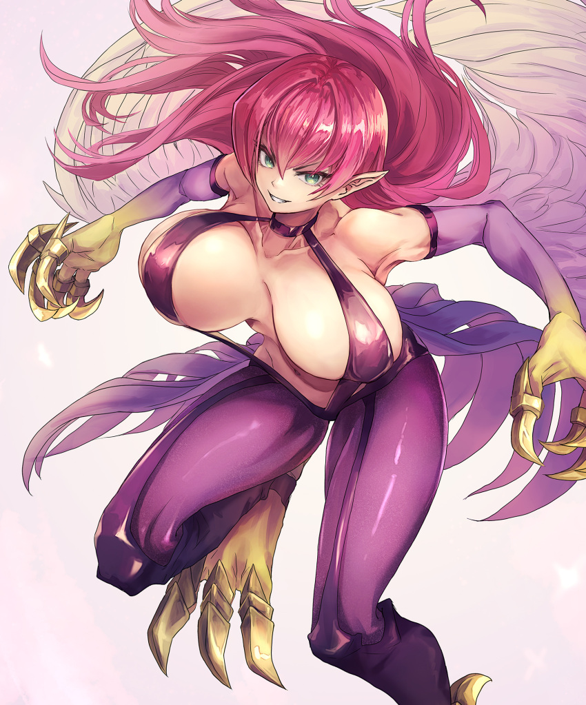 1girl animal_feet animal_hands bare_shoulders bouncing_breasts breasts claws cleavage colored_skin duel_monster feathered_wings gradient_skin green_eyes harpie_lady harpie_lady_1 harpy highres large_breasts monster_girl pantyhose parted_lips purple_skin red_hair shouma_(bravespiritya) slingshot_swimsuit solo standing standing_on_one_leg swimsuit winged_arms wings yu-gi-oh!