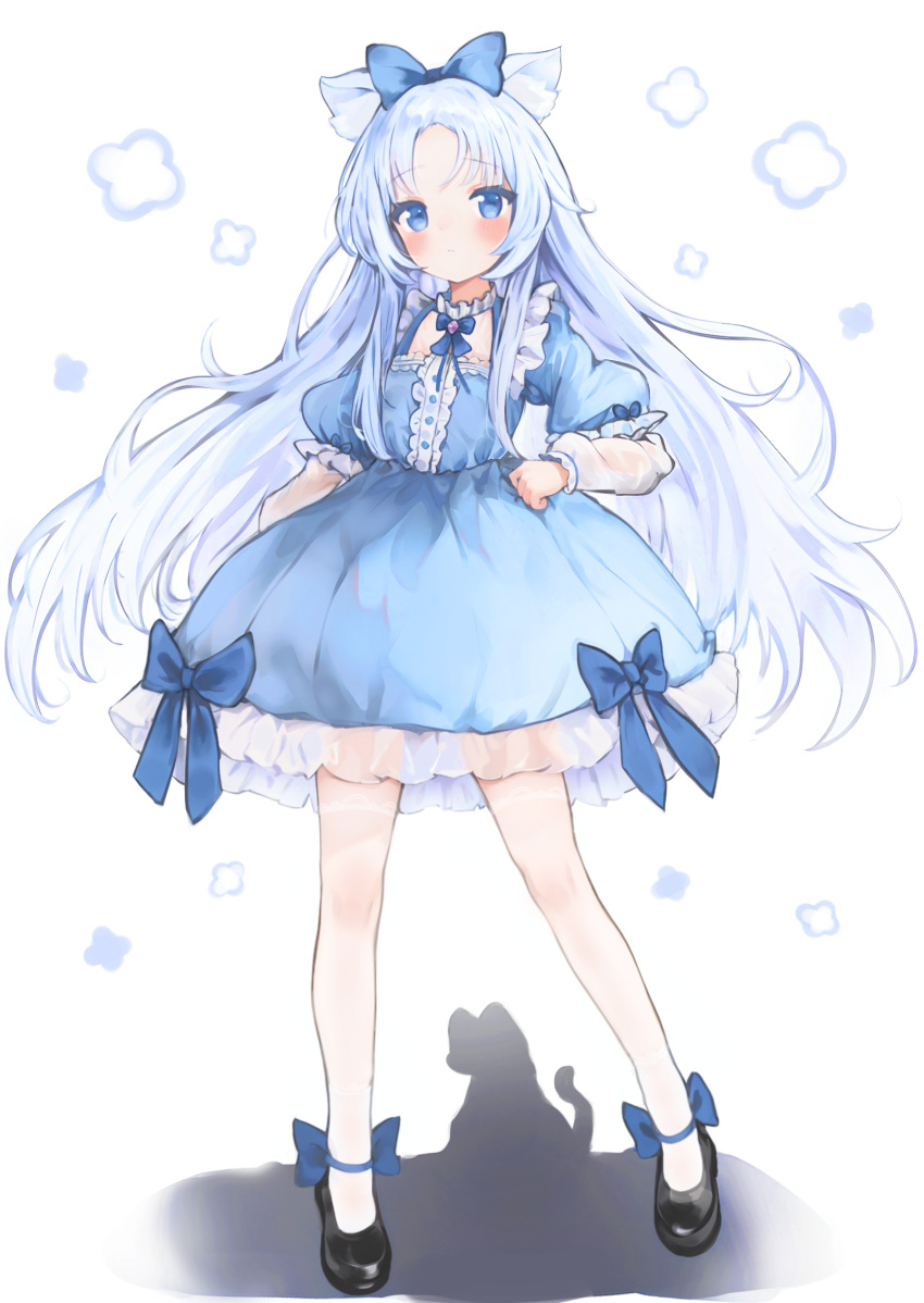 1girl animal_ear_fluff animal_ears black_footwear blue_bow blue_bowtie blue_dress blue_eyes blue_hair blush bow bowtie cat_ears closed_mouth commentary_request commission dress dress_bow english_commentary expressionless floating_hair frilled_dress frills full_body hair_bow highres light_blue_hair long_hair long_sleeves looking_at_viewer mixed-language_commentary original pixiv_commission puffy_sleeves raised_eyebrows shoes solo standing thighhighs very_long_hair wangyq white_background white_thighhighs