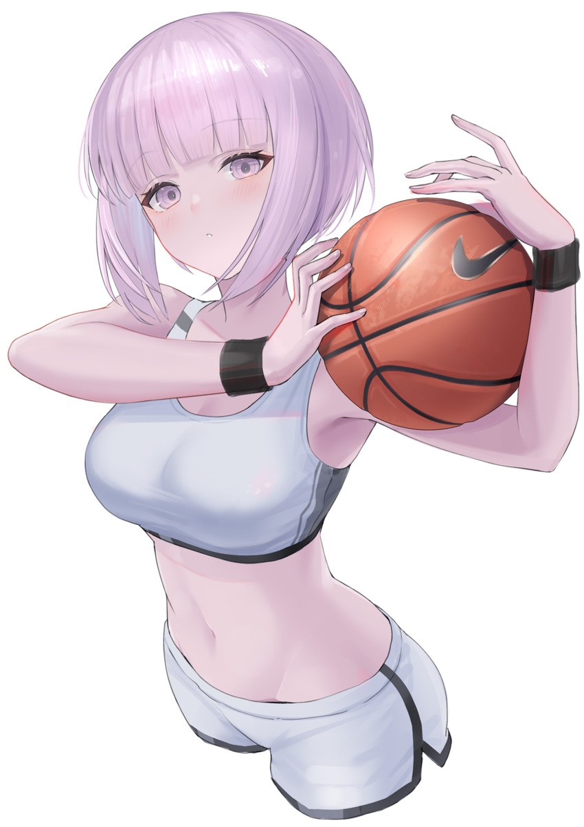 1girl absurdres ball bare_arms bare_shoulders basketball_(object) blunt_bangs breasts character_request cleavage commentary copyright_request crop_top dolphin_shorts highres holding holding_ball large_breasts looking_at_viewer midriff navel nike_(company) parted_lips pink_eyes pink_hair short_hair shorts simple_background solo sports_bra sthk stomach white_background white_shorts