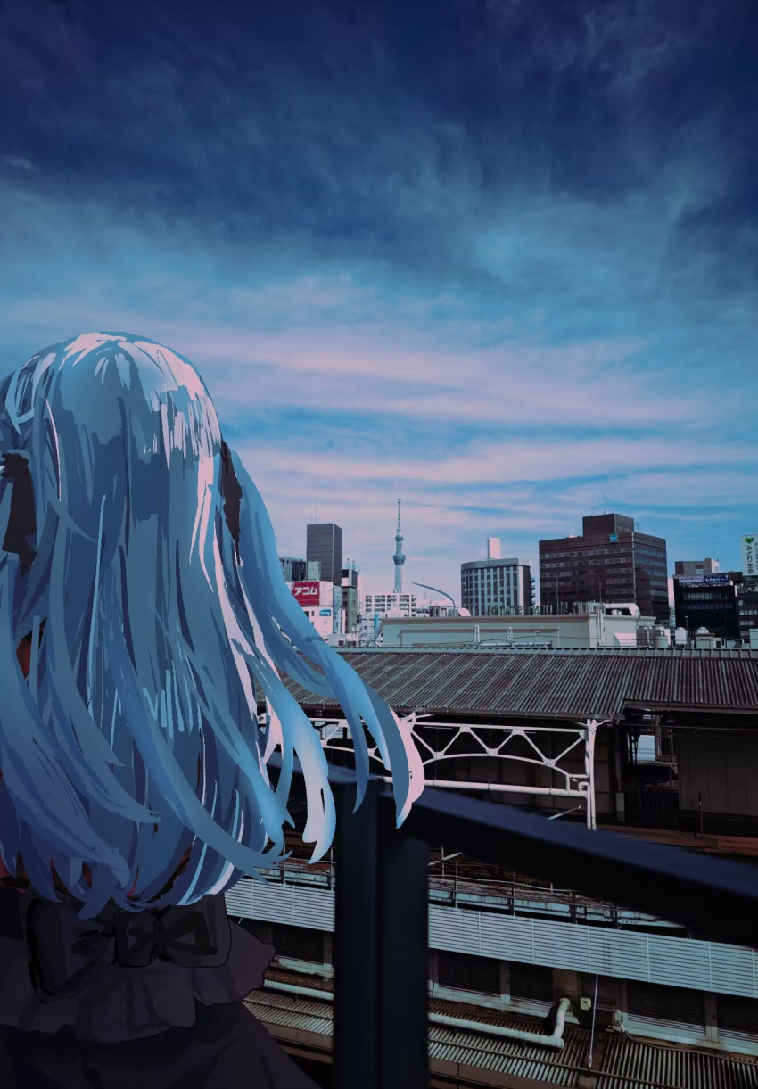 1girl bang_dream! bang_dream!_it's_mygo!!!!! black_ribbon black_shirt blue_hair building city cloud cloudy_sky commentary from_behind hair_ribbon highres kita_no_shinya long_hair photo_(medium) photo_background railing ribbon shirt sky solo togawa_sakiko tokyo_skytree two_side_up