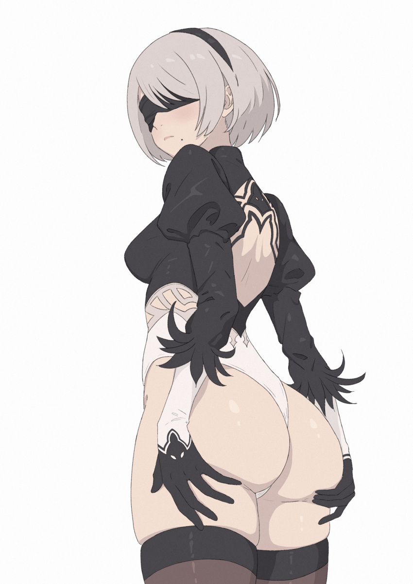 1girl 2b_(nier:automata) absurdres artist_request ass blindfold breasts closed_mouth commentary feather_trim gloves hairband hands_on_own_ass highleg highleg_leotard highres leotard long_sleeves medium_breasts mole mole_under_mouth nier:automata nier_(series) shiny_skin short_hair simple_background thighhighs white_background white_hair xz