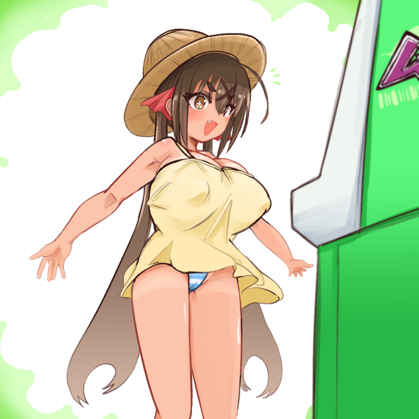 1girl arcade_cabinet bare_shoulders blush breasts brown_eyes brown_hair dress fang hair_between_eyes hat highres large_breasts long_hair open_mouth original panties ribbon shiming_liangjing shortstack smile solo standing straw_hat sun_hat sundress tan tanlines thighs underwear