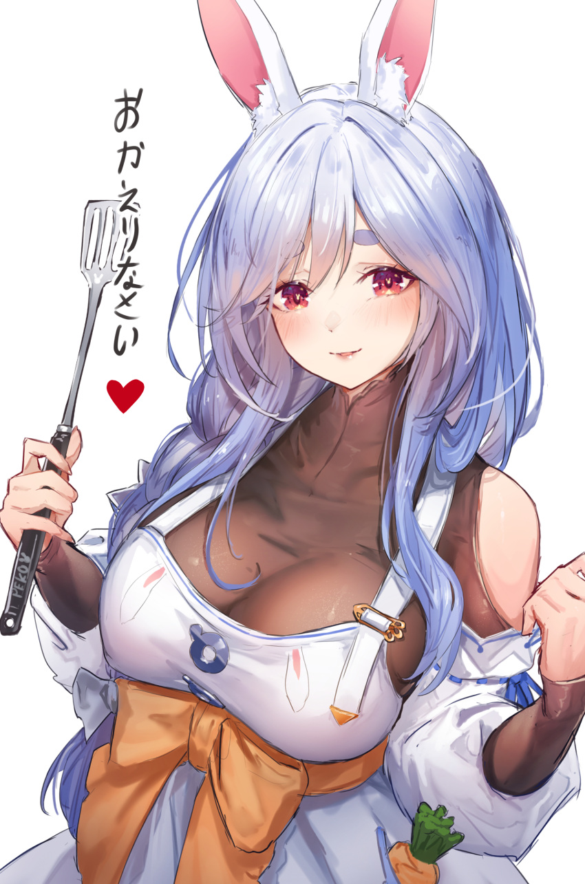 1girl absurdres animal_ear_fluff animal_ears apron blue_hair blush bodystocking braid breasts carrot cleavage clothing_cutout collarbone highres hololive large_breasts light_blue_hair long_hair long_sleeves looking_at_viewer mature_female pekomama rabbit_ears rabbit_girl red_eyes see-through see-through_cleavage shoulder_cutout smile solo spatula thick_eyebrows translation_request ura_illust virtual_youtuber white_apron white_hair