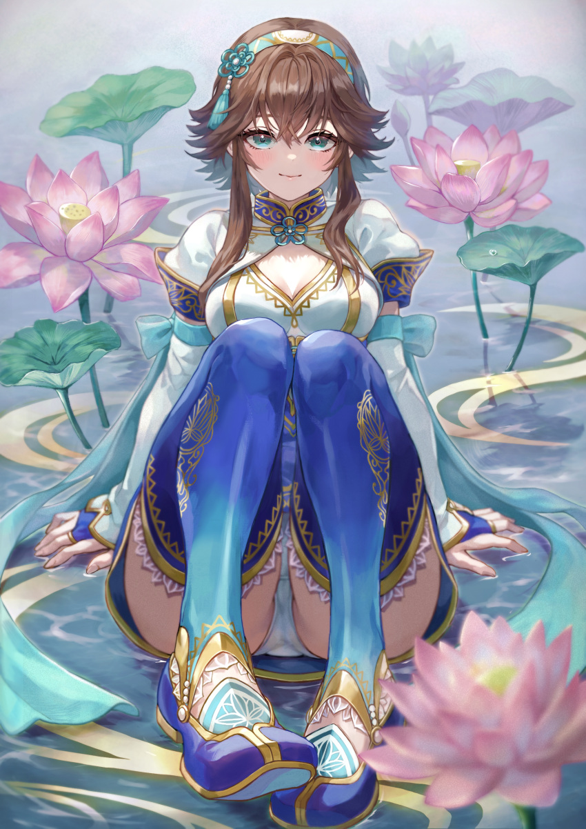 1girl absurdres aqua_eyes arm_support breasts bridal_gauntlets brown_hair bush chai_xianghua cleavage closed_mouth commentary_request fingernails flower full_body gold_trim hair_ornament hairband highres knees_up lips looking_at_viewer lotus mahos_san medium_breasts panties shoes short_hair short_sleeves sidelocks sitting solo soulcalibur thighhighs thighs toeless_footwear underwear water white_panties