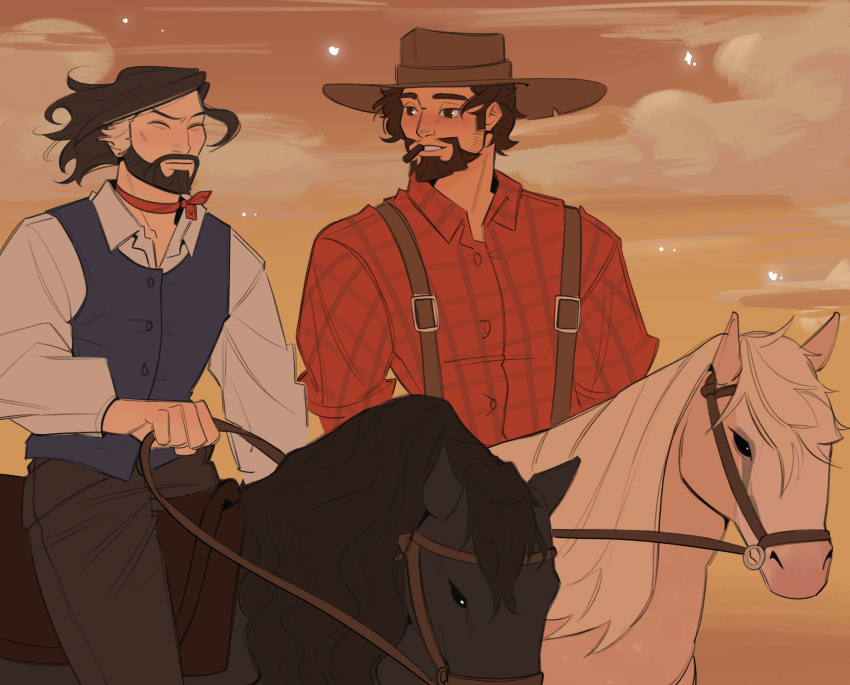 2boys alternate_costume bara beard brown_eyes brown_hair cassidy_(overwatch) cigar couple cowboy_hat facial_hair floating_hair full_beard hanzo_(overwatch) happy hat highres horseback_riding kaiwankon male_focus mature_male multiple_boys overwatch parted_lips riding short_hair side-by-side smile suspenders thick_eyebrows vest yaoi