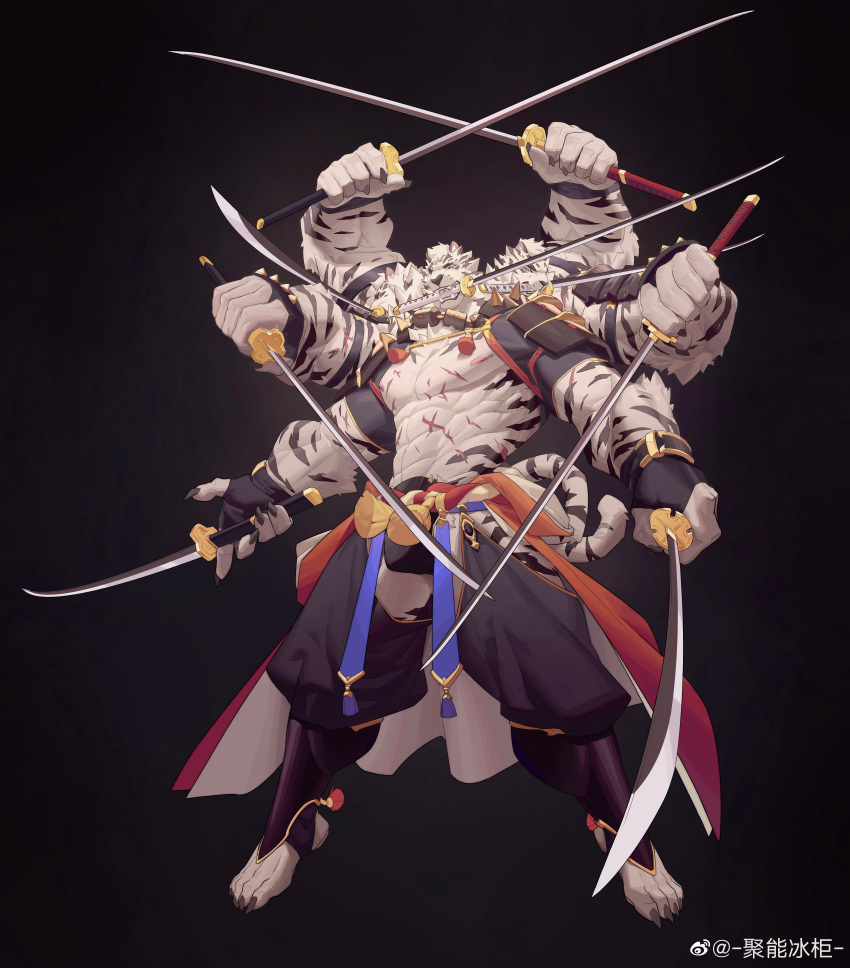 1boy abs absurdres animal_ears bara bare_pectorals bulge clothes_down clothing_cutout crotchless crotchless_pants extra_arms fighting_stance full_body furry furry_male highres holding holding_sword holding_weapon huge_pectorals japanese_clothes ju_neng_binggui katana kimono large_hands large_pectorals male_focus monster_boy multiple_heads multiple_wielding muscular muscular_male nipples open_clothes open_kimono original pants pectorals pelvic_curtain scar serious shrug_(clothing) solo standing stomach sword tachi-e thick_eyebrows thigh_cutout thighs tiger_boy tiger_ears too_many too_many_scars too_many_weapons weapon weapon_in_mouth white_fur