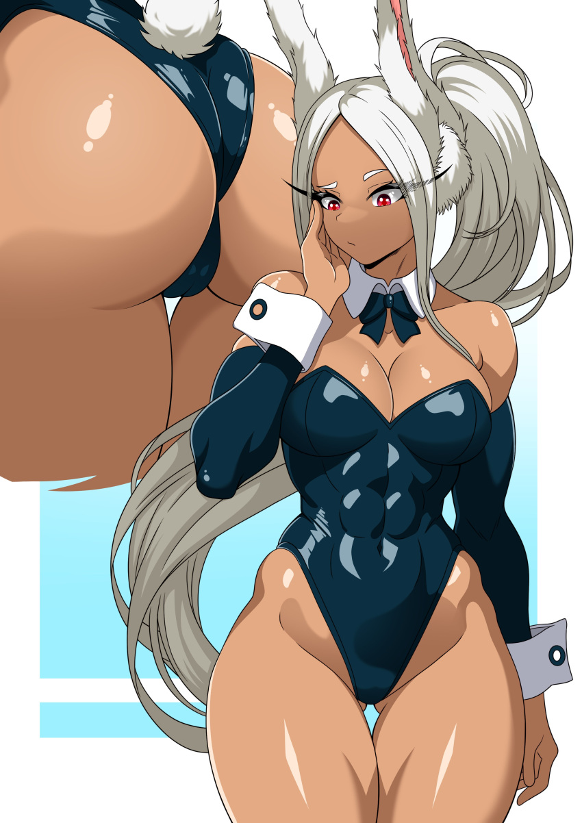 1girl absurdres animal_ears ass ass_visible_through_thighs bare_shoulders blue_bow blue_bowtie blue_leotard blue_sleeves boku_no_hero_academia bow bowtie breasts cleavage covered_abs covered_navel dark-skinned_female dark_skin detached_collar detached_sleeves hand_on_own_face highleg highleg_leotard highres large_breasts leotard long_eyelashes long_hair looking_down mirko multiple_views muscular muscular_female parted_bangs playboy_bunny ponytail rabbit_ears rabbit_girl rabbit_tail red_eyes strapless strapless_leotard tail tail_through_clothes theoiledone thick_thighs thigh_gap thighs traditional_bowtie very_long_hair white_hair wrist_cuffs