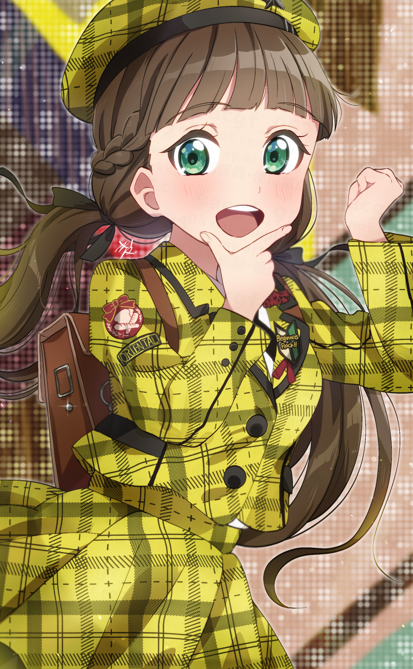 1girl absurdres backpack bag beginners_rock!! beret blunt_bangs blush brown_bag brown_hair clenched_hand commentary_request green_eyes hand_on_own_chin hand_up hat highres jacket kyaku_tatsu long_hair long_sleeves looking_at_viewer love_live! love_live!_superstar!! open_mouth plaid plaid_headwear plaid_jacket plaid_skirt sakurakoji_kinako skirt solo song_name standing stroking_own_chin teeth twintails upper_body upper_teeth_only yellow_hat yellow_jacket yellow_skirt