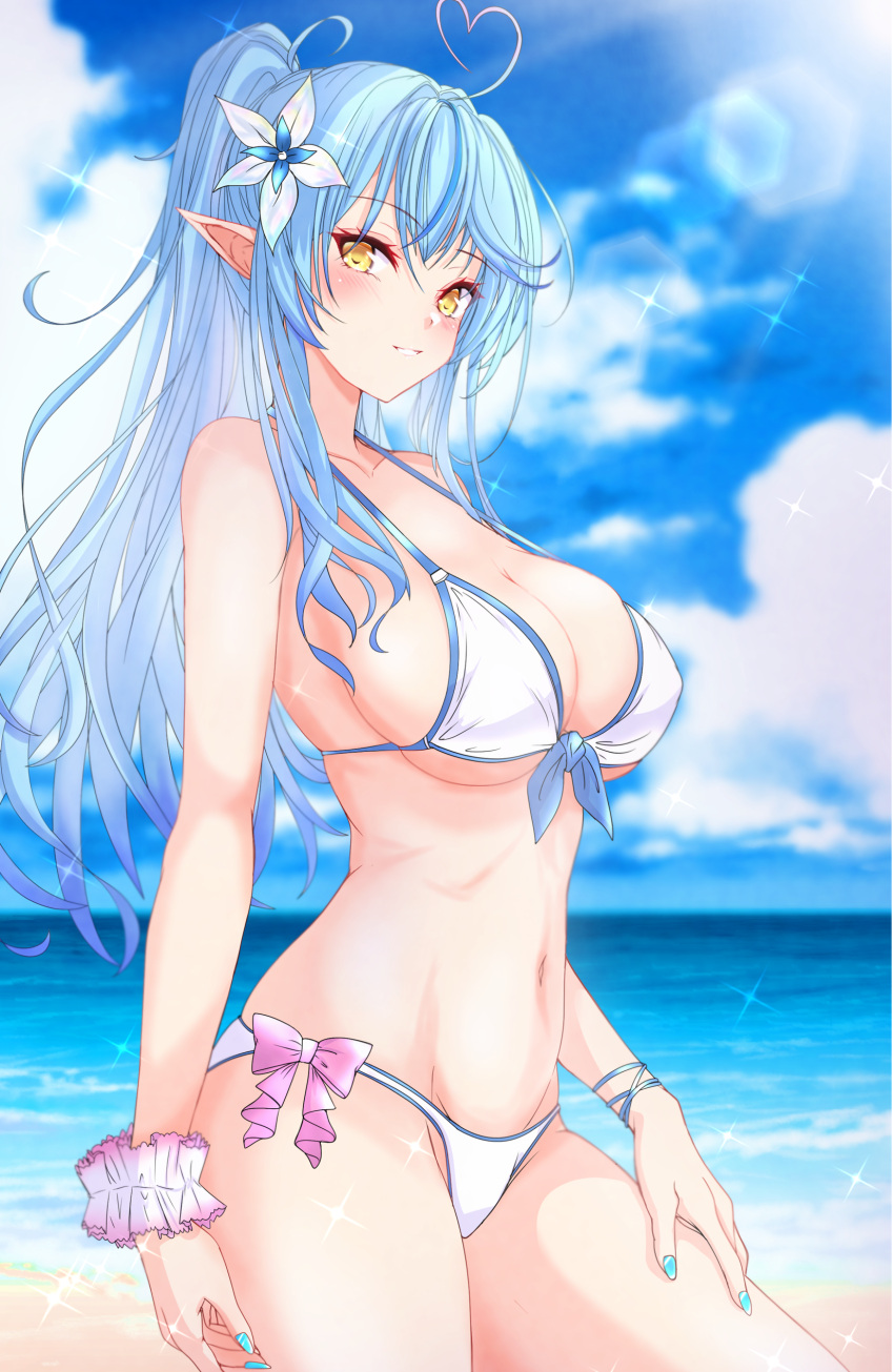 1girl absurdres ahoge beach bikini blue_hair blue_nails blue_sky blush breasts cleavage cloud flower hair_flower hair_ornament heart heart_ahoge highres hololive large_breasts long_hair looking_at_viewer multicolored_hair nail_polish nitamako_(sakamalh) pointy_ears ponytail sand sky smile solo streaked_hair swimsuit virtual_youtuber water white_bikini yellow_eyes yukihana_lamy