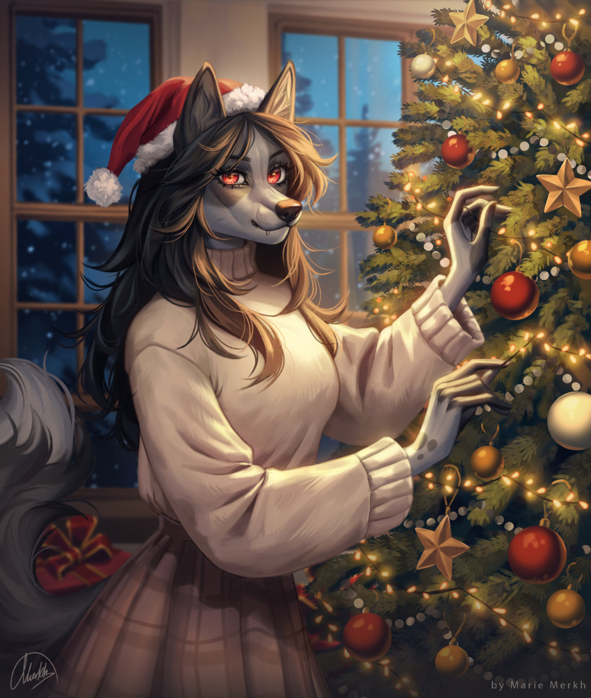 absurd_res anthro artist_name black_hair black_nose bottomwear brown_bottomwear brown_clothing brown_skirt canid christmas christmas_clothing christmas_headwear christmas_tree clothed clothing eyelashes fangs female fur glistening glistening_eyes grey_body grey_fur grey_tail hair hat headgear headwear hi_res holidays inside looking_at_viewer mammal marie_merkh mouth_closed plant red_eyes santa_hat signature skirt snow snowing solo standing tail teeth topwear tree white_clothing white_topwear window