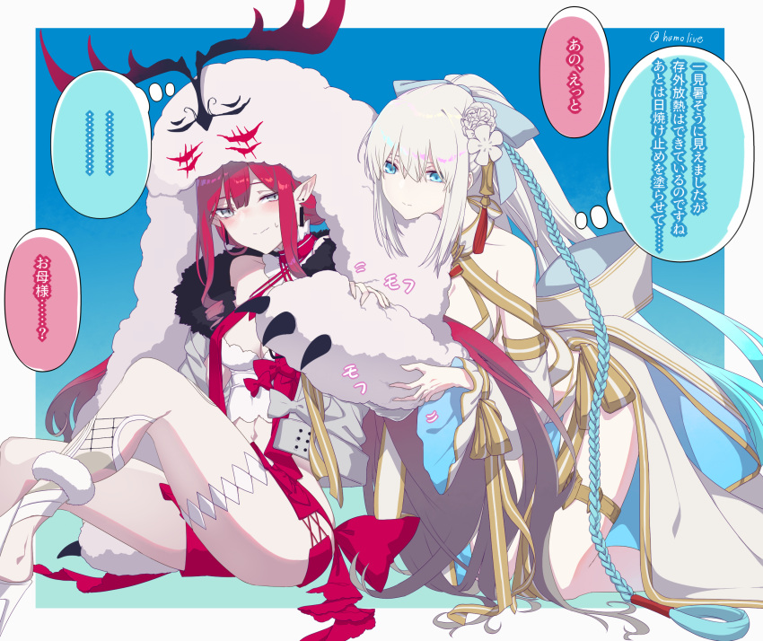 2girls baobhan_sith_(fate) baobhan_sith_(swimsuit_pretender)_(fate) baobhan_sith_(swimsuit_pretender)_(first_ascension)_(fate) bare_shoulders bikini blue_background blue_eyes blush border bow braid breasts cernunnos_(fate) character_hood earrings fate/grand_order fate_(series) feet_out_of_frame flower fumotewi fur-trimmed_jacket fur_trim grey_eyes hair_flower hair_ornament hair_ribbon head_rest headwear_with_attached_mittens highres jacket jewelry kneeling leaning_forward long_hair morgan_le_fay_(fate) morgan_le_fay_(water_princess)_(fate) mother_and_daughter multiple_girls navel pink_hair pointy_ears ponytail red_bow red_shorts ribbon short_shorts shorts sidelocks single_braid sitting speech_bubble sweatdrop swimsuit thigh_strap thighs thought_bubble twitter_username white_background white_bikini white_border white_footwear white_jacket