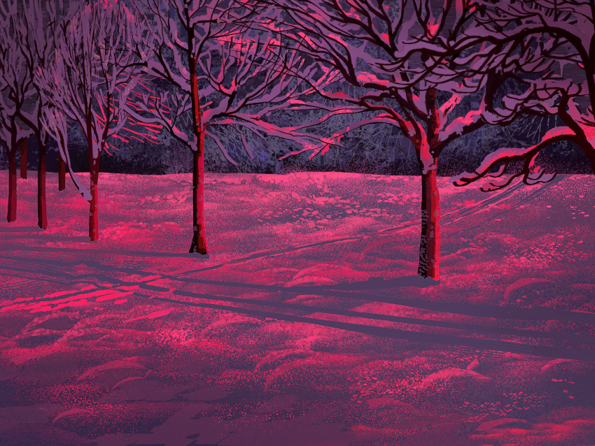 bare_tree brush_stroke forest highres nature no_humans original outdoors painterly poupee_(capo_sung) purple_light scenery snow sunlight trail tree winter