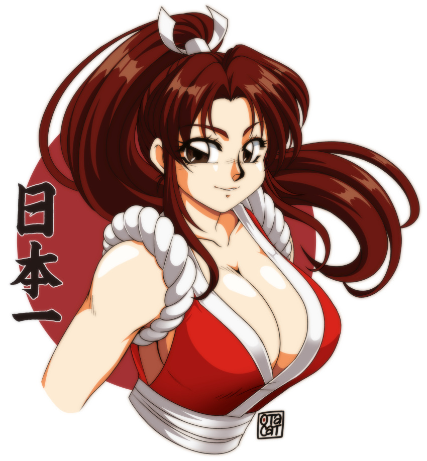 0tacat 1990s_(style) 1girl absurdres artist_name bare_shoulders breasts brown_eyes brown_hair cleavage collarbone fatal_fury hair_ornament high_ponytail highres large_breasts long_hair looking_at_viewer ninja parted_bangs parted_lips ponytail retro_artstyle rope shiny_skin shiranui_mai signature simple_background sleeveless smile solo the_king_of_fighters upper_body