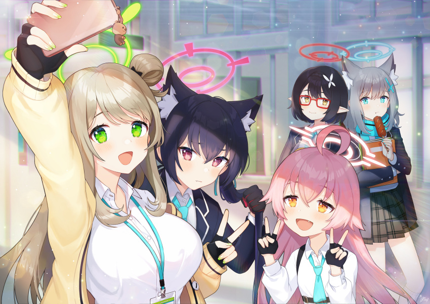 4girls :d ahoge alternate_eye_color animal_ear_fluff animal_ears aqua_necktie aqua_scarf artistic_error ayane_(blue_archive) black_hair black_jacket black_skirt blazer blue_archive blue_eyes blurry book braid brown_hair cardigan cat_ears cat_girl classroom collared_shirt commentary_request corn_dog crown_braid depth_of_field extra_ears fang fingerless_gloves foreclosure_task_force_(blue_archive) glasses gloves green_eyes grey_hair hair_between_eyes hair_ornament hairclip hallway halo highres holding holding_book holding_skewer hoshino_(blue_archive) id_card indoors jacket lanyard leaning_forward long_hair long_sleeves looking_at_viewer medium_hair mismatched_pupils multiple_girls necktie noixen nonomi_(blue_archive) open_cardigan open_clothes orange_eyes pink_hair plaid plaid_skirt pleated_skirt pointy_ears red_eyes scarf school_uniform selfie serika_(blue_archive) shirt short_hair shoulder_strap sidelocks single_braid skewer skirt smile twintails white_shirt window wolf_ears wolf_girl yellow_cardigan yellow_eyes