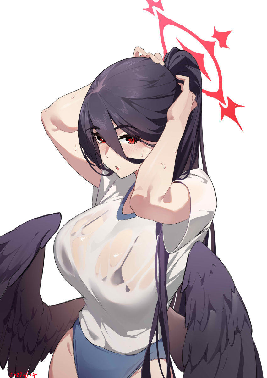 1girl :o absurdres adjusting_hair arms_up bare_arms bikini black_bikini black_hair black_wings blue_archive blush breasts buruma cou_di_di cowboy_shot dated feathered_wings gym_uniform hair_between_eyes halo hasumi_(blue_archive) hasumi_(track)_(blue_archive) highres large_breasts large_wings long_hair looking_at_viewer low_wings mole mole_under_eye official_alternate_costume parted_lips ponytail red_eyes red_halo see-through shirt short_sleeves simple_background solo sweat swimsuit swimsuit_under_clothes tying_hair upper_body very_long_hair wet wet_clothes wet_shirt white_background white_shirt wings