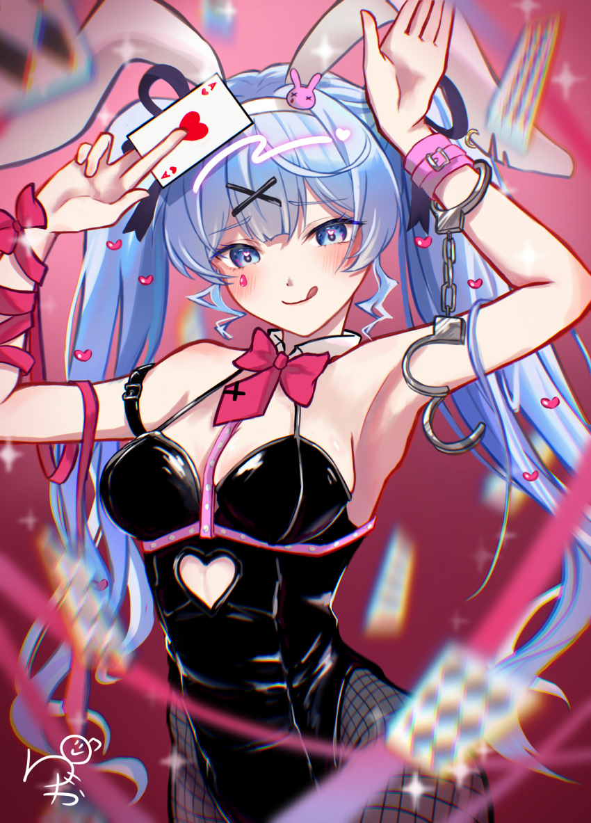 1girl :q absurdres ace_(playing_card) ace_of_hearts animal_ears bare_shoulders black_leotard blurry blurry_foreground blush bow bowtie breasts card cleavage clothing_cutout cross3120 cutout_above_navel detached_collar fake_animal_ears fishnet_pantyhose fishnets hair_ornament hairband hatsune_miku heart heart_cutout heart_hair_ornament heart_in_eye highres holding holding_card leotard medium_breasts motion_blur necktie pantyhose pink_background pink_bow pink_bowtie pink_necktie pink_ribbon playboy_bunny playing_card rabbit_ears rabbit_hair_ornament rabbit_hole_(vocaloid) ribbon solo spaghetti_strap symbol_in_eye tongue tongue_out vocaloid white_hairband