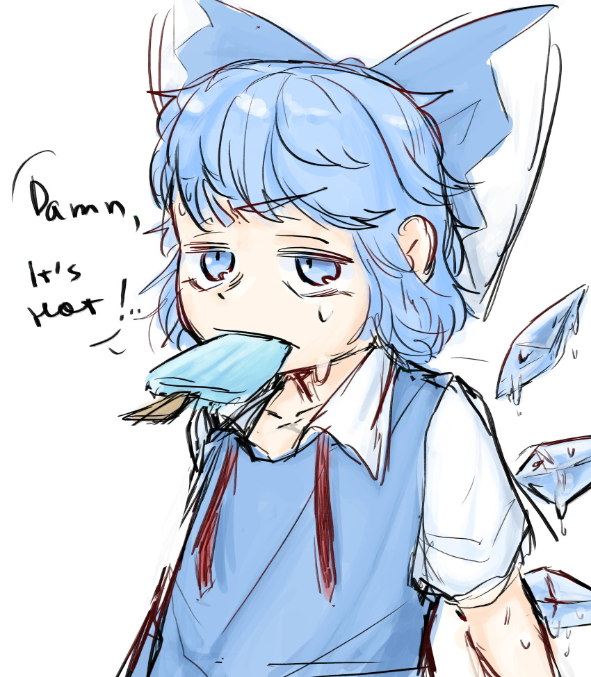 1girl absurdres blue_bow blue_dress blue_eyes blue_hair bow cirno commentary dress english_commentary english_text food food_in_mouth hair_bow highres hot ice ice_wings melting mouth_hold popsicle popsicle_in_mouth short_hair short_sleeves simple_background solo sparkle71059204 sweat touhou upper_body white_background wings